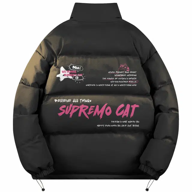 吾皇猫 美式复古卡通动漫创意印花学院风简约百搭基础款立领休闲棉服 男女同款