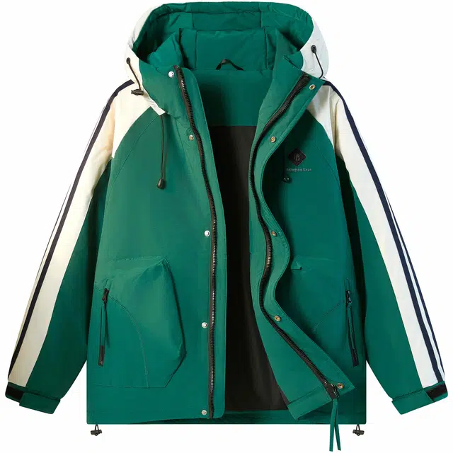 帕丁顿熊 简约金属质感字母贴标纯色条纹拼接插肩袖宽松休闲连帽防风外套防寒保暖加厚羽绒服 男女同款