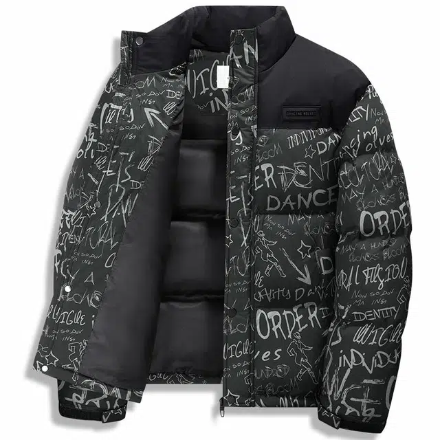 与狼共舞 高充绒防风保暖休闲时尚涂鸦印花立领羽绒服 男款 黑色