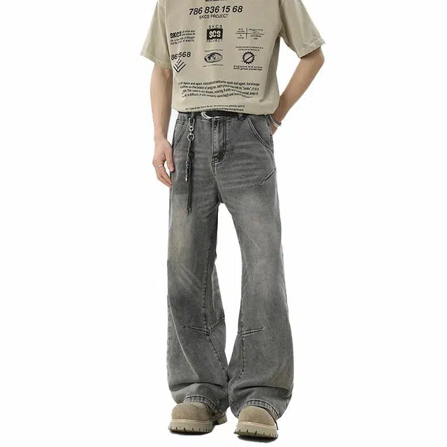 欧路得 美式拼接水洗做旧微喇长裤高街潮牌拖地牛仔裤 男款 水泥灰