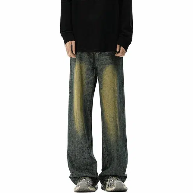 佐菲利 美式复古做旧染直筒裤水洗阔腿休闲牛仔裤 男女同款