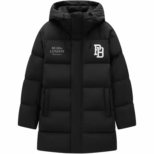 帕丁顿熊 简约小熊字母印花纯色宽松休闲连帽面包服防风防寒保暖大码加厚中长款羽绒服 男女同款