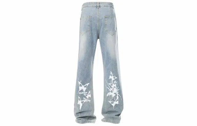 宜而爽 美式复古街头创意水墨蝴蝶字母印花休闲宽松中腰直筒垂感水洗做旧弯刀裤宽松舒适显高显瘦百搭弹力微喇牛仔裤 男女同款