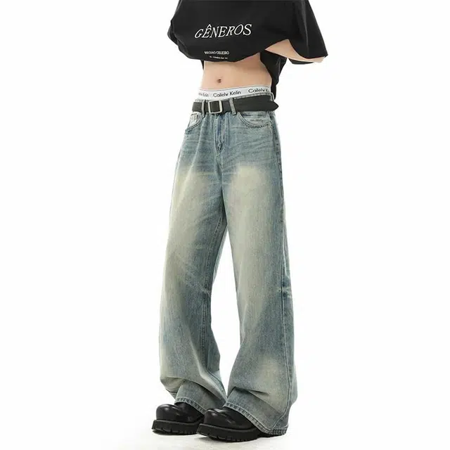 欧路得 美式微喇高街复古水洗做旧宽松阔腿牛仔裤 男款 蓝色