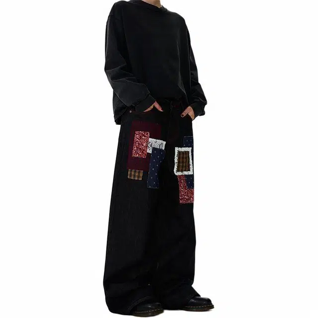 物质公式 重磅高街趣味拼接创意毛巾绣撞色万针刺绣潮流嘻哈痞帅炸街质感美式小众高级感宽松休闲百搭牛仔裤 男女同款 黑色