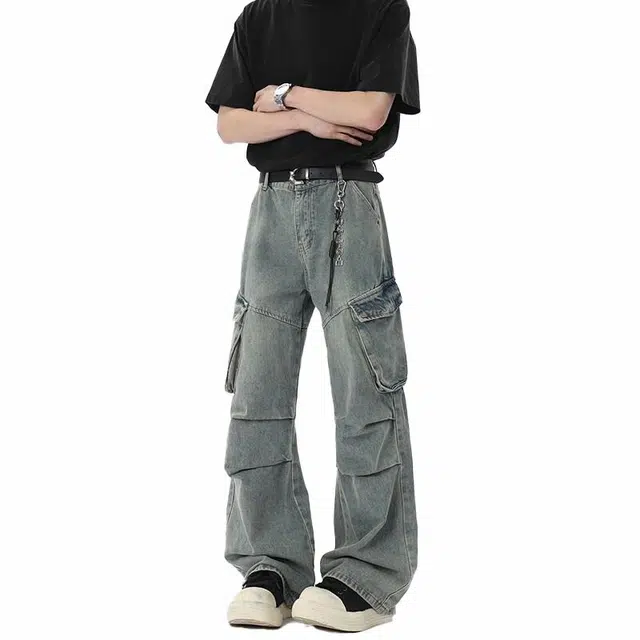 欧路得 美式复古潮牌宽松直筒工装中腰未来主义风格系带长裤牛仔裤 男款