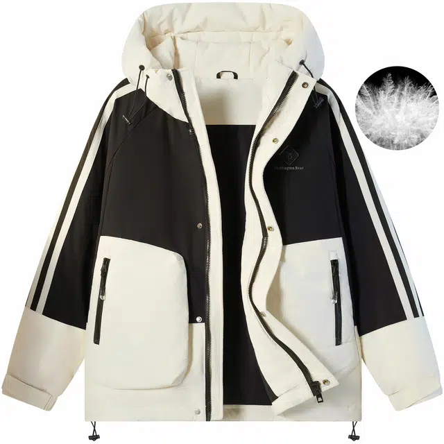 帕丁顿熊 简约字母高周波贴标撞色拼接条纹宽松连帽休闲防风防寒保暖加厚羽绒服 男女同款