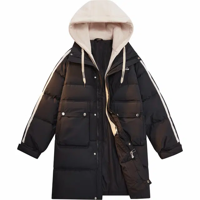 帕丁顿熊 中长款假两件连帽撞色条纹拼接宽松休闲防风防寒保暖加厚羽绒服 男女同款