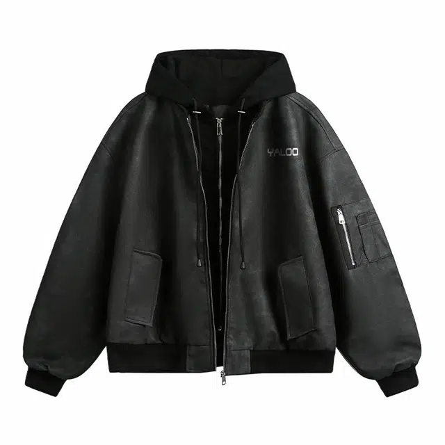 雅鹿 美式复古美拉德百搭简约学院风宽松休闲假两件连帽皮夹克外套 男女同款