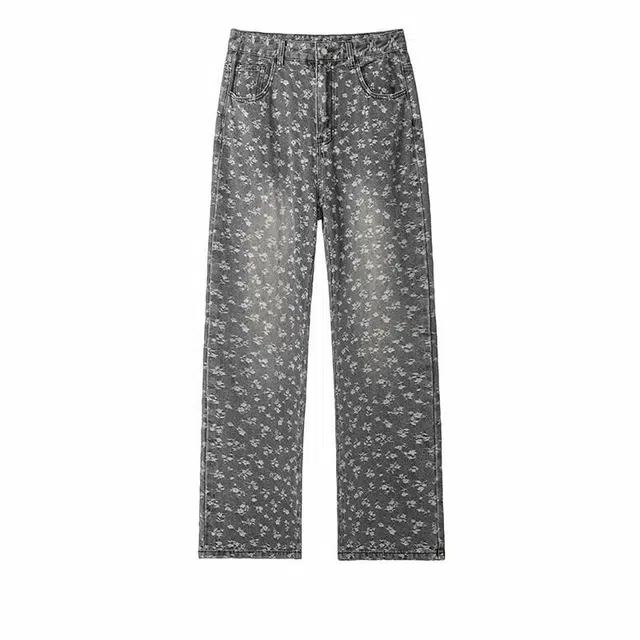 欧路得 碎花提花痞帅美式复古直筒裤小众牛仔裤 男款