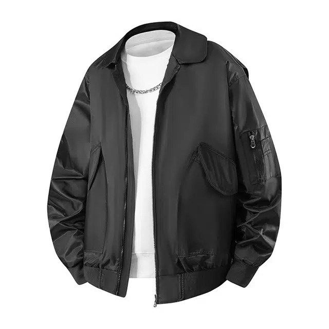 雅鹿 美式复古简约基础款飞行员纯色工装时尚百搭长袖宽松翻领拉链夹克外套 男女同款