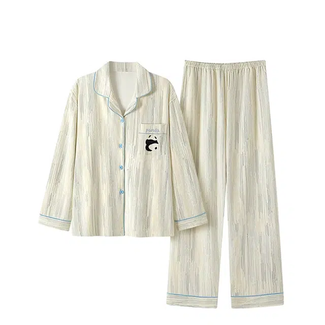 俏韵 翻领熊猫长袖高级感家居服可外穿睡衣套装 女款 杏色