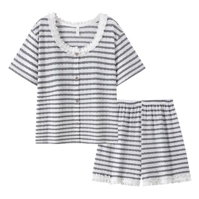 顶瓜瓜 简约条纹可爱花边休闲家居服睡衣套装 女款 图片色