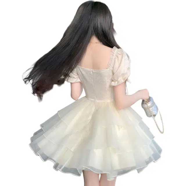 沐晓欣 公主风提花蝴蝶结少女感欧根纱蓬蓬裙春夏短袖连衣裙 女款 杏色