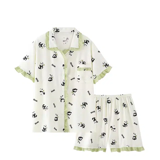俏韵 翻领短袖可爱花边熊猫休闲居家服外穿睡衣套装 女款 白色