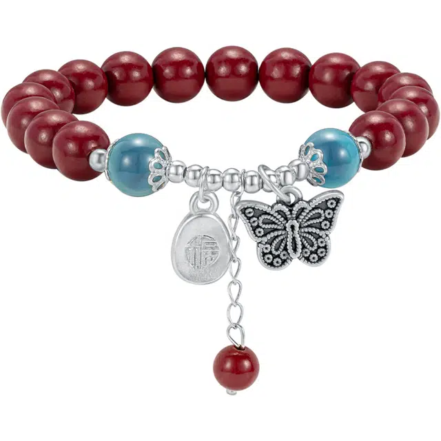 老凤祥 【诸事顺意】蝴蝶 福牌 新中式国潮小众设计 寓意美好 简约百搭 礼盒#好运 朱砂 玉石手串  女款