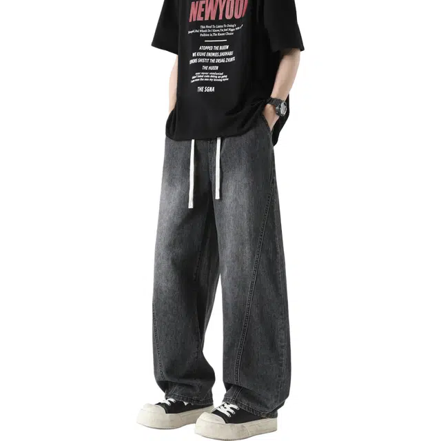 颂希尔 美式复古水洗做旧直筒长裤潮牌宽松冰丝凉感牛仔裤 男女同款