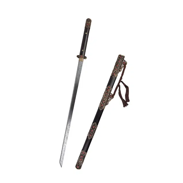 天字号 绛珠唐横刀 黑檀木鞘黄铜装具嵌宝石百炼钢刃龙泉刀剑未开刃 成品模型