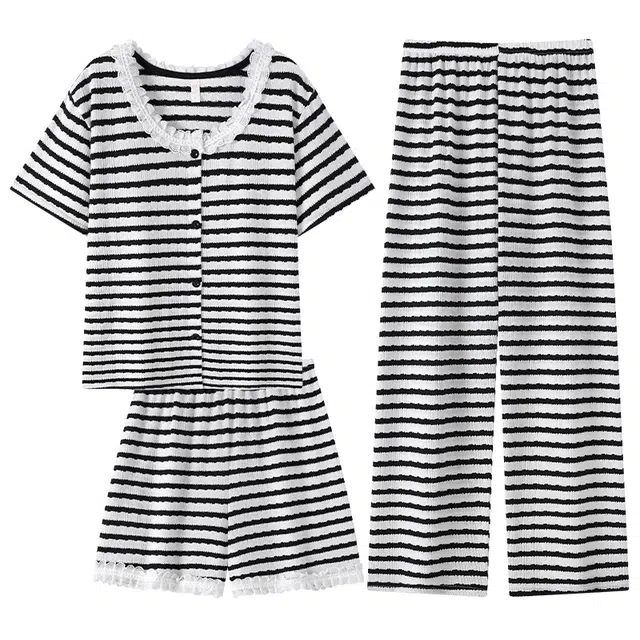 顶瓜瓜 简约条纹休闲家居服睡衣套装 女款 图片色