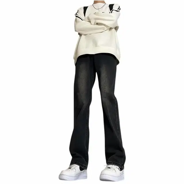 八哥 简约复古美式休闲宽松时尚舒适百搭纯色牛仔裤 男女同款