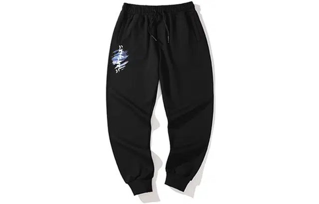 木村三社 风雪皑皑印花纯棉束脚休闲裤 男女同款 黑色