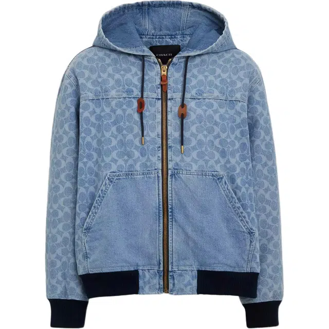 COACH Signature Denim Hooded Zip Up Jacket Logo