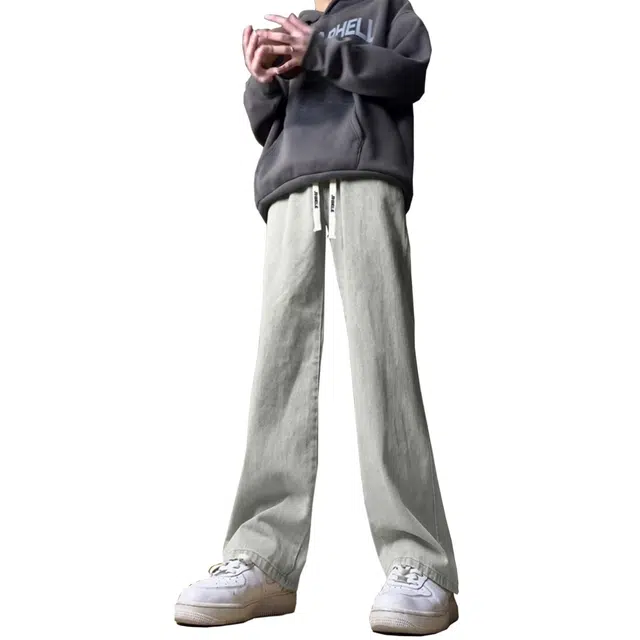 金贝勒 美式水洗做旧废土风基础款抽绳刺绣中腰系带凉感宽松垂感显瘦百搭直筒黄泥染牛仔裤 男女同款