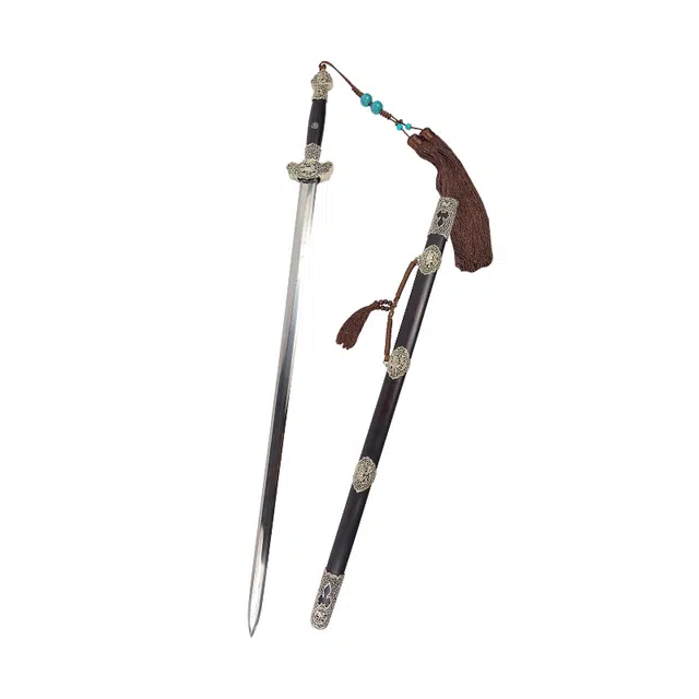 天字号 福牛清剑 龙泉百炼花纹钢刀剑黑檀木鞘白铜装具长兵器收藏未开刃 成品模型
