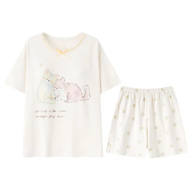 向薇 带胸垫一体舒适卡通短袖三分裤睡衣套装 女款 图片色