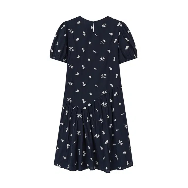 夏日会在晚餐后 全棉绣花带里布圆领斜裁中长款束腰显瘦短袖连衣裙 女款 法国海军蓝