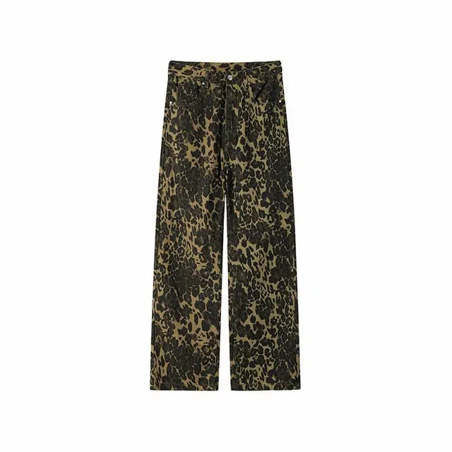 欧路得 美式复古街头炸街潮牌潮流宽松直筒适中无弹力中腰纽扣长裤牛仔裤 男款 豹纹