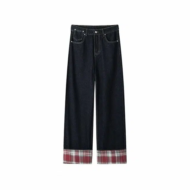 欧路得 美式格子卷边高街复古拼接拖地裤子潮牌设计感大码长裤牛仔裤 男款 蓝色