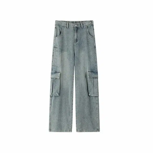 欧路得 荆棘提花美式水洗直筒拖地长裤高街设计微喇裤牛仔裤 男款 蓝色