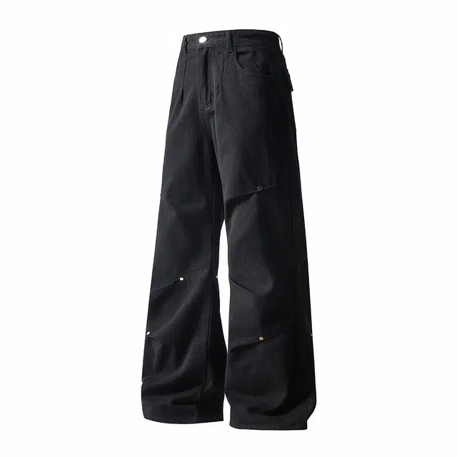 八哥 美式复古高街铆钉水洗做旧直筒阔腿百搭弹力牛仔裤 男女同款 黑色