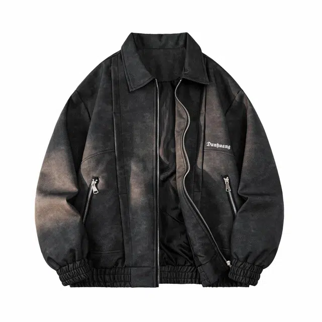 敦煌博物馆 美式复古高级感大码宽松休闲翻领拉链夹克外套 男女同款