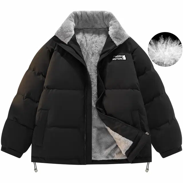 帕丁顿熊 简约小熊贴标纯色宽松休闲防风防寒面包服外套内里保暖加厚羽绒服 男女同款