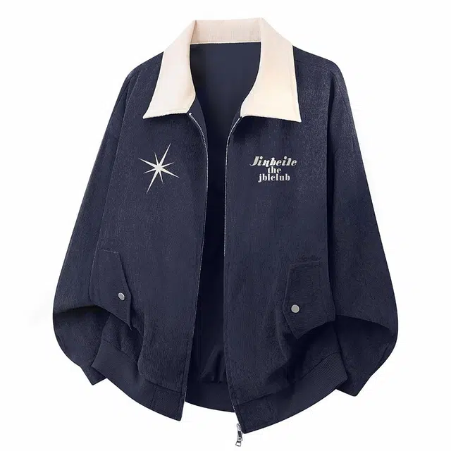 金贝勒 美式高街字母印花翻领落肩拉链宽松休闲百搭潮流夹克外套 男女同款 藏青色