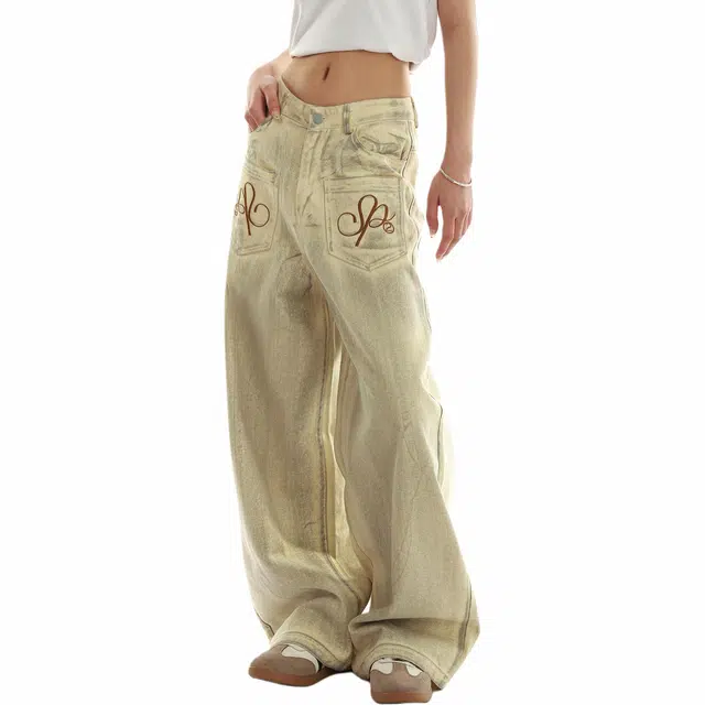 物质公式 美式高街复古刺绣反口袋拖地垂感做旧宽松百搭中腰长裤阔腿舒适废土风牛仔裤 男女同款 杏色