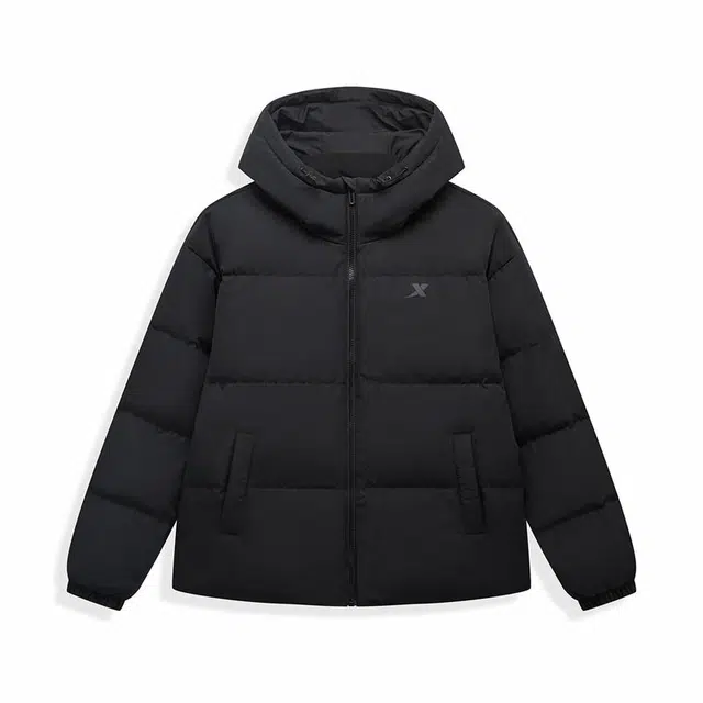 特步 秋冬纯色加厚保暖外套户外运动时尚休闲连帽羽绒服 男女同款 正黑色