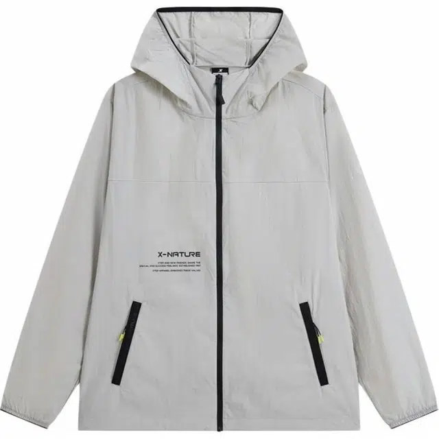 特步 生活系列 字母连帽透气舒适运动风衣 男款 城隐灰