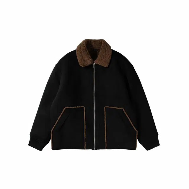 我是大卫 毛绒翻领纯色拼接美式高街复古加厚夹克外套 男女同款 黑色