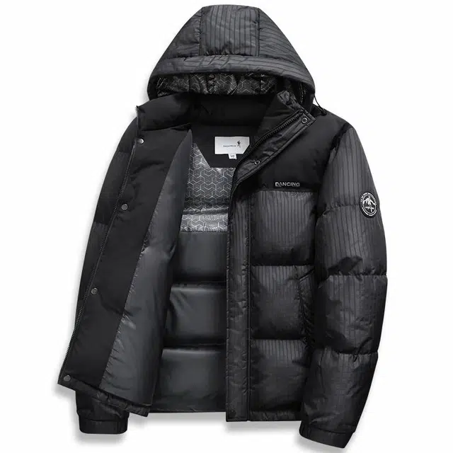 与狼共舞 石墨烯科技保暖时尚条纹外套鹅绒内胆连帽羽绒服 男款 黑色