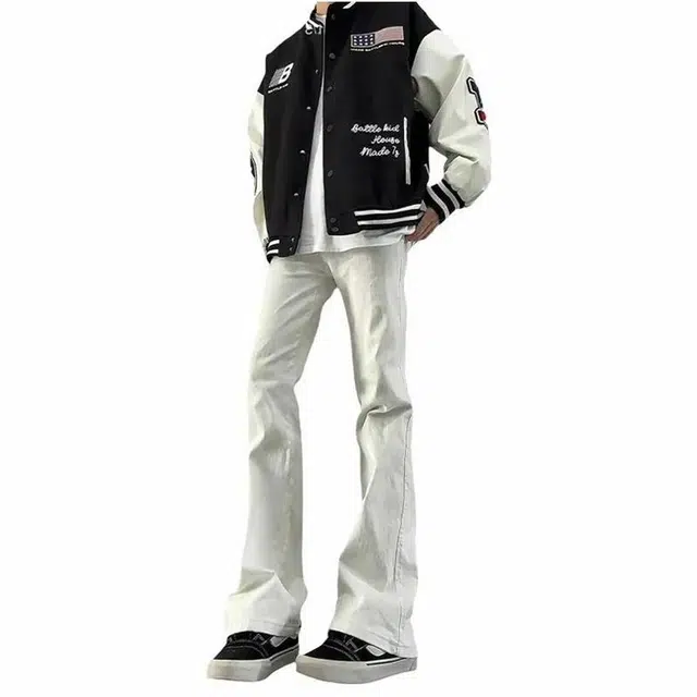 八哥 美式纯色弯刀复古中腰时尚宽松牛仔裤 男女同款