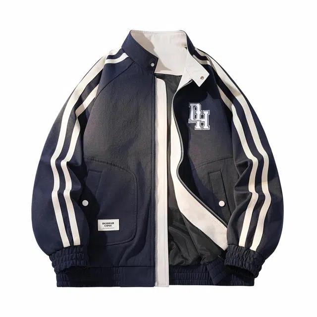 敦煌博物馆 美式复古字母刺绣侧边拼接条纹宽松休闲插肩舒适大码立领防风夹克外套 男女同款