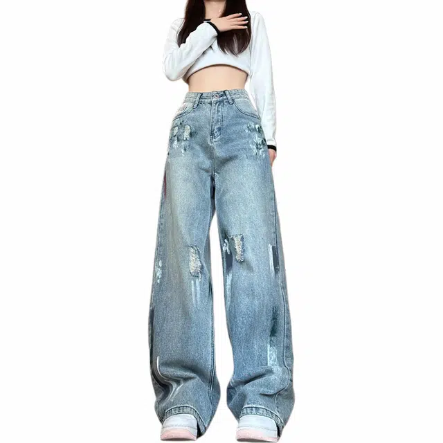 物质公式 图案设计水洗做旧直筒长裤宽松百搭舒适阔腿弯刀牛仔裤 男女同款 蓝色