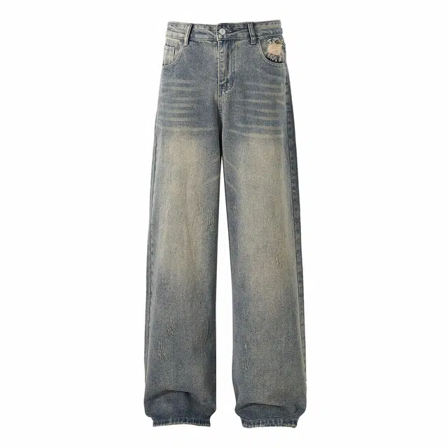 欧路得 美式水洗垂感潮牌宽松拖地高街直筒休闲牛仔裤 男款 复古蓝