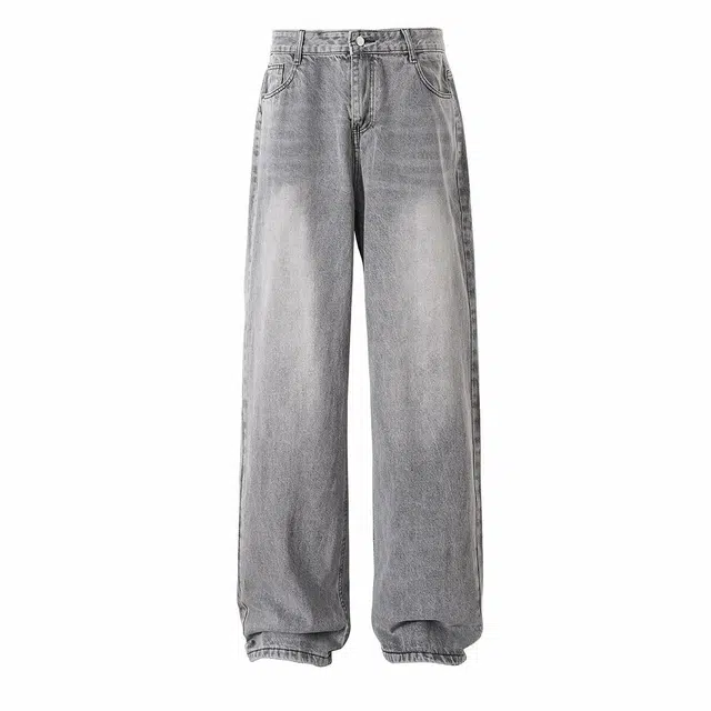 欧路得 复古潮牌美式高街宽松垂感阔腿休闲拖地牛仔裤 男款 烟灰色