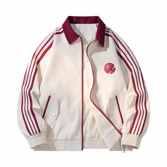 敦煌博物馆 学院风字母万针刺绣复古撞色条纹大码潮流宽松休闲百搭防风防水翻领教练夹克外套 男女同款
