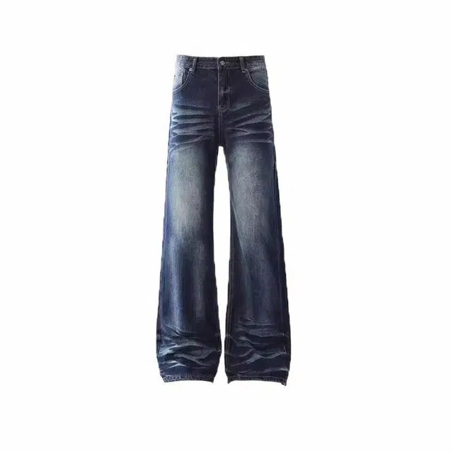 佐菲利 美式高街风格复古百搭垂感猫须宽松直筒牛仔裤 男女同款 蓝色