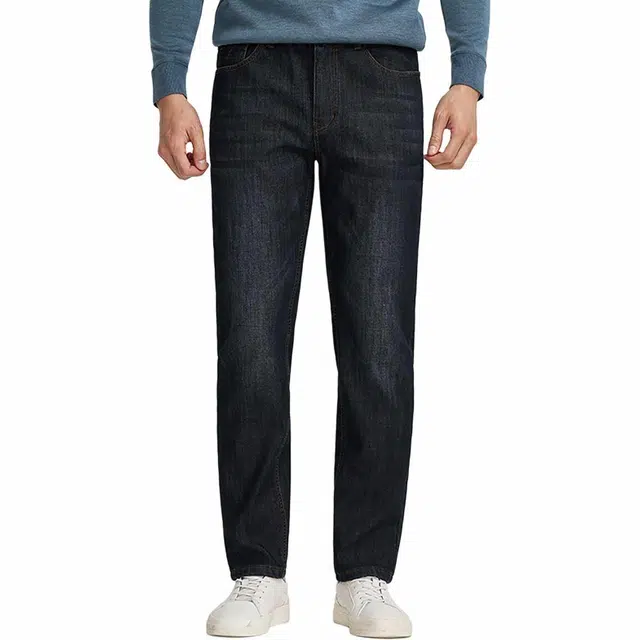 才子 高弹保暖刺绣猫须磨白加绒加厚牛仔裤 男款